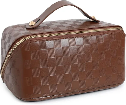 Miniatura 15 de Bolsas de maquillaje a cuadros de gran capacidad, bolsas de cosméticos portátiles de viaje, bolsa de aseo abierta y plana para mujeres y niñas