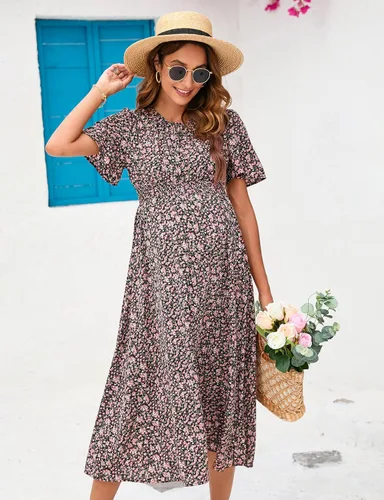 Miniatura 2 de KOJOOIN Vestido de maternidad bohemio con volantes de manga corta para mujer, vestido midi con cuello redondo fruncido floral para baby shower