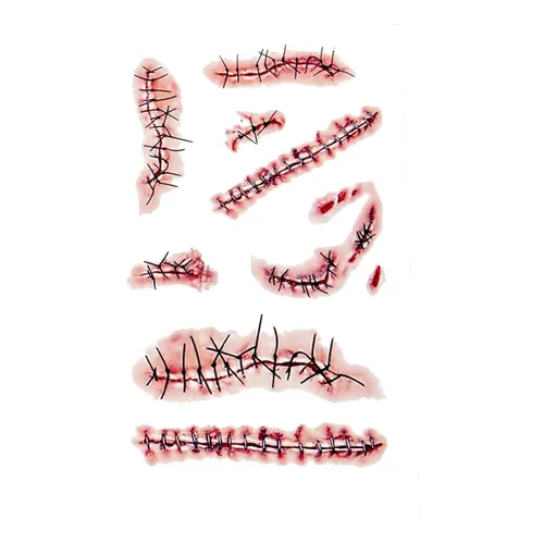 NEDEQI - 20 hojas de tatuajes temporales de zombi de Halloween, tatuajes de sangre falsos de cicatriz de Chucky, impermeables, realistas, puntadas