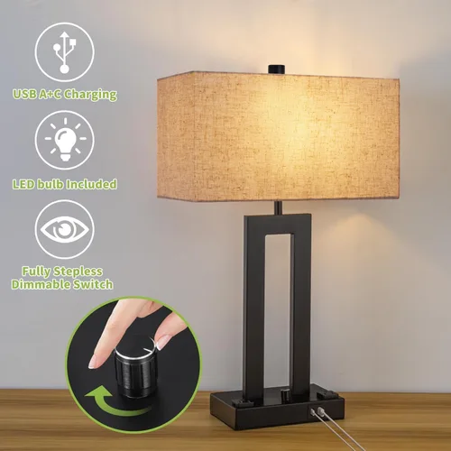 Miniatura 6 de Juego de lámparas de mesa modernas de 2 a 22 pulgadas de alto con puertos de carga USB-C/USB-A y tomacorriente, tela regulable continua, lámparas