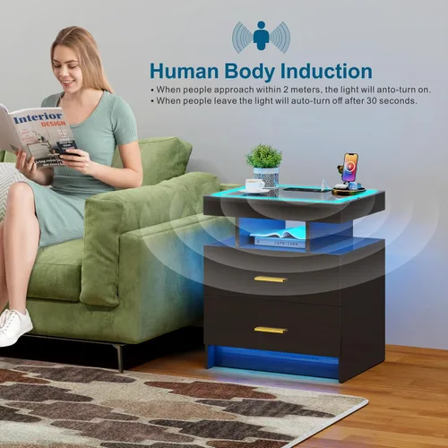 Miniatura 5 de WOOVIVS Juego de 2 mesitas de noche con carga inalámbrica y luces LED para dormitorio, mesita de noche con tablero de vidrio y diseño de 2 cajones