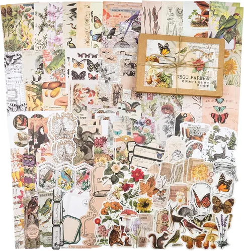 Knaid Paquete de 200 piezas vintage de efímera de papel de decoupage, kit de diario basura para agenda de recortes, suministros de calcomanías para