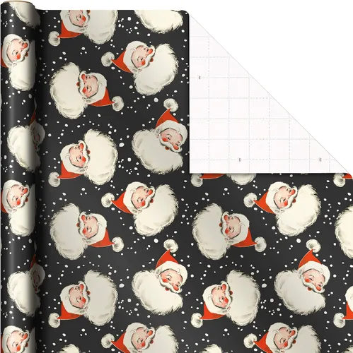 Miniatura 3 de Hallmark - Papel de regalo de Navidad negro con líneas de corte en el reverso (3 rollos: 11.2 m2) Papá Noel retro, cuadros de búfalo blanco y negro