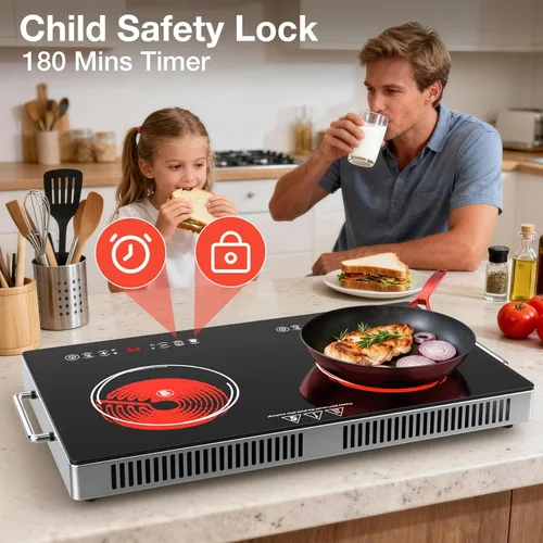 Miniatura 5 de Placa de Cocción Eléctrica de 2 Quemadores - Placa de Cocina Eléctrica de 12 Pulgadas con Enchufe, Quemadores de Encimera de 2100W y Placa de Cocina