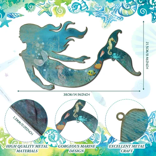 Miniatura 2 de Demissle Arte de pared de sirena de metal, decoración de pared de sirena colgante rústica, azul, elegante, escultura decorativa para habitación