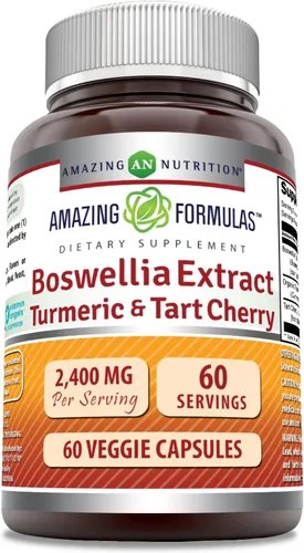 Amazing Formulas Boswellia - Suplemento de extracto de cúrcuma y cereza ácida, 2400 mg por porción, 60 cápsulas vegetales, sin OMG, sin gluten,