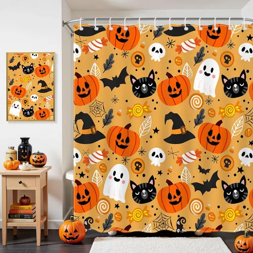 Miniatura 2 de Mocsicka Bonita cortina de ducha de Halloween de 72 x 72 pulgadas, cortina de ducha naranja de dibujos animados de gato y fantasma, cortina de ducha
