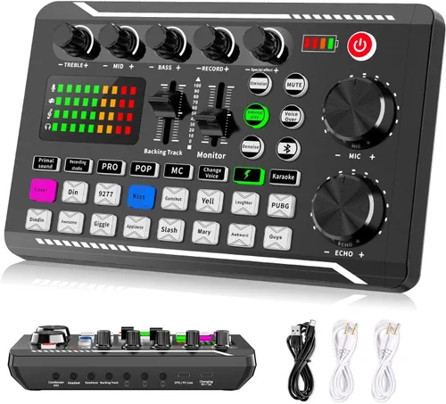 Facmogu Mezclador de audio con tarjeta de sonido en vivo F998, interfaz de audio de podcast con efectos de mezclador de DJ, cambiador de voz con