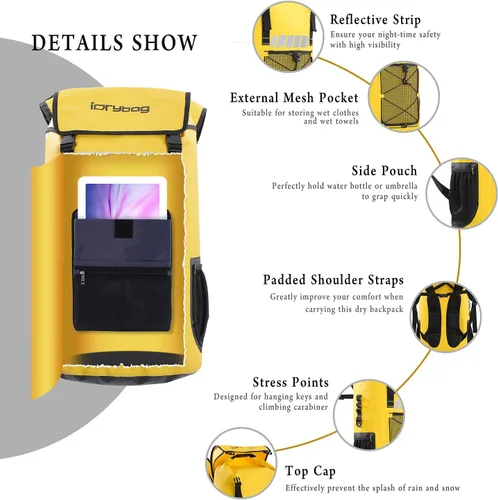 Miniatura 2 de Mochila impermeable Idrybag para hombres 25L/45L, bolsas secas para kayak, mochila seca para camping y senderismo Amarillo