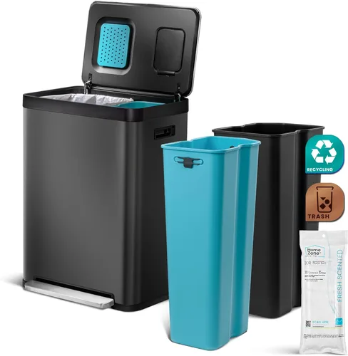 Miniatura 13 de Home Zone Living cubeta de basura de cocina de 16 galones con compartimentos duales para reciclaje, control de olor CleanAura, acero inoxidable