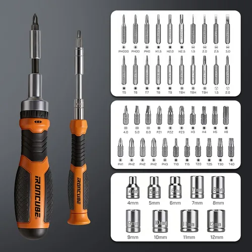 Miniatura 2 de IRONCUBE Juego de destornilladores de trinquete: kit de herramientas magnéticas de 56 piezas con estuche Naranja