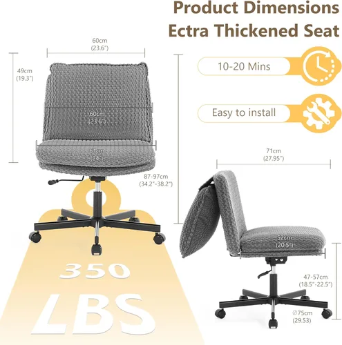 Miniatura 2 de Fizzin Silla cruzada sin brazos, con ruedas cruzadas, asiento de espuma viscoelástica con cojín de respaldo abatible, silla giratoria de respaldo