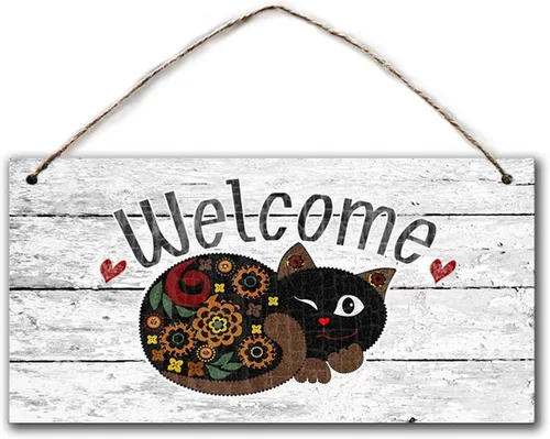 Letrero de bienvenida, gato caprichoso de 5 x 10 pulgadas, decoración rústica, regalo de inauguración de la casa