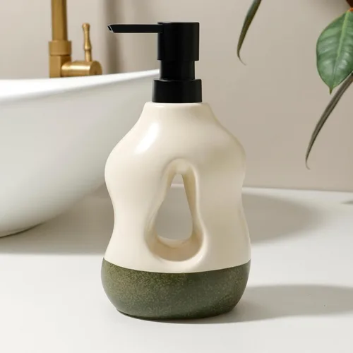 Miniatura 11 de BosilunLife Juego de 4 accesorios de baño de cerámica, dispensador de jabón hueco ondulado y artículos esenciales de tocador, beige de dos tonos