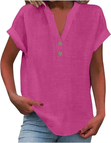 Miniatura 7 de Camisas de lino para mujer 2025 verano casual cuello en V botón abajo manga corta tops moda cómodo negocio trabajo blusas, beige (A-Beige)