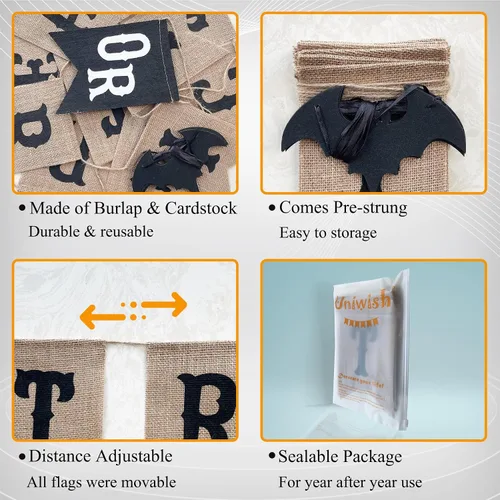 Miniatura 2 de Uniwish Cartel de arpillera de truco o trato, decoraciones de Halloween para repisa, chimenea, guirnalda de murciélagos con purpurina, banderines