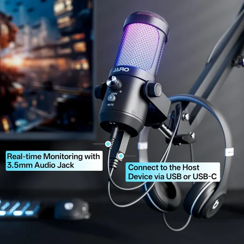 Miniatura 6 de JARO Micrófono USB para podcast con brazo de brazo, micrófono de condensador de estudio con monitoreo en tiempo real, silencio, control de volumen