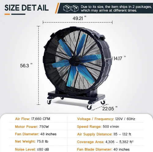 Miniatura 8 de Albott Ventilador de tambor industrial de 36 pulgadas, ventilador de piso de alta velocidad de plástico de 500 W con ruedas y velocidad variable