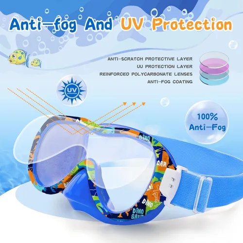 Miniatura 4 de Gafas de natación para niños con cubierta para la nariz, máscara de esnórquel panorámica de 180° con diseño antivaho y antifugas, correa de tela