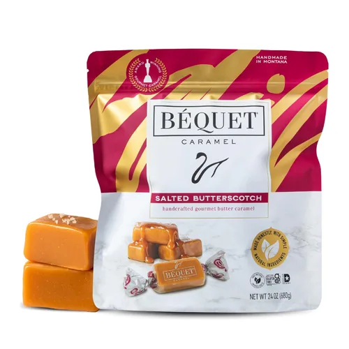 Béquet Caramelos salados de caramelo de mantequilla gourmet suaves envueltos individualmente, sin gluten y kosher, bolsa resellable de 24 onzas