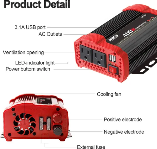 Miniatura 3 de Inversor de corriente de 400 W, DC 12 V a 110 V CA adaptador de enchufe de automóvil con 2 salidas de cargador y puertos USB duales de 3.1 A