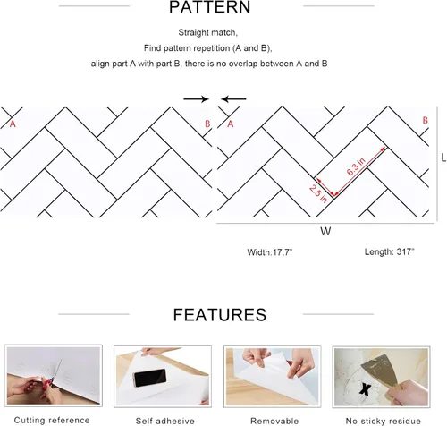 Miniatura 7 de Papel tapiz geométrico de espiga para despegar y pegar, papel tapiz moderno, papel tapiz geométrico en blanco y negro con ladrillo de espiga