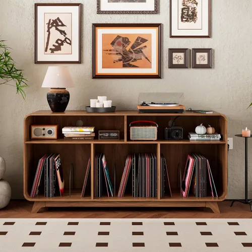 Miniatura 5 de Soporte para tocadiscos con armario de almacenamiento de vinilo con estación de carga y puertos USB, mesa giratoria con capacidad para hasta 350