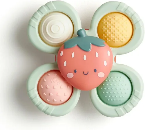 Itzy Ritzy Pop & Whirl – Fidget Spinner Juguete de viaje y baño para bebés y niños pequeños – Fidget con juguete de silicona texturizada para Fresa