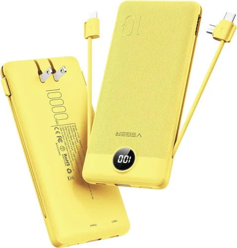 Miniatura 10 de VEGER Cargador Portátil con Enchufe de CA Integrado y Cables, Todo en Uno 10000mAh Batería Externa Ultra Delgada Esenciales de Viaje, Paquete