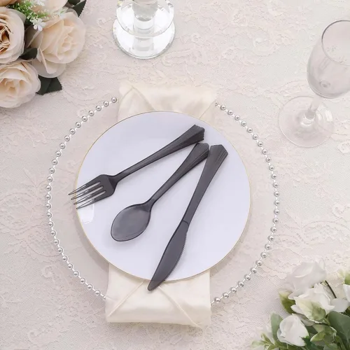 Miniatura 7 de Efavormart - Juego de 24 cubiertos de plástico transparente negro resistente con mango de punta acampanada, cuchara de tenedor desechable