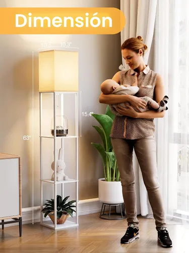 Miniatura 4 de Lámpara de pie con estantes para sala de estar blanca, lámpara de pie con estante con bombilla LED de 3 CCT, lámpara de columna de pie de esquina