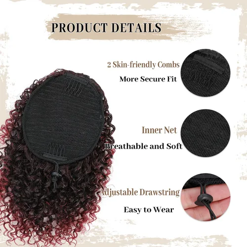 Miniatura 3 de Cola de caballo con cordón para mujeres negras, cola de caballo rizada afro para mujeres negras, cola de caballo rizada de onda corta, extensiones