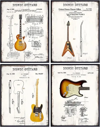 Arte de pared de guitarra, icónico vintage, juego de póster con estampado de patente, regalo para fanáticos de la música, músico, guitarrista,