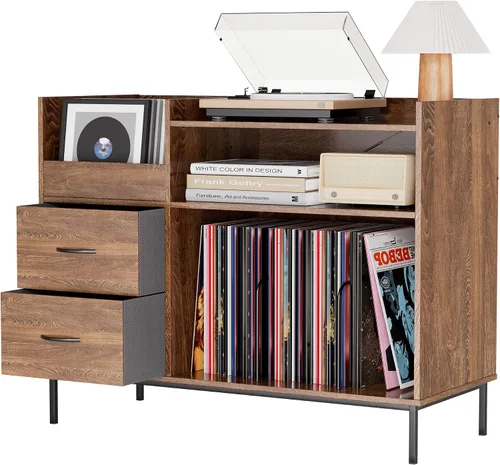 Miniatura 8 de Soporte para tocadiscos con almacenamiento para más de 500 álbumes, estante y cajones modernos de mediados de siglo, consola de audio de madera