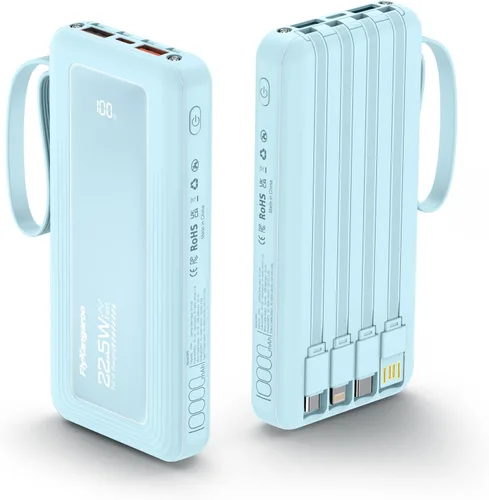 Miniatura 10 de Cargador portátil con cables integrados, batería de 10,000 mAh delgada, carga rápida de 22.5 W, banco de energía con pantalla LED USB C, 6 salidas