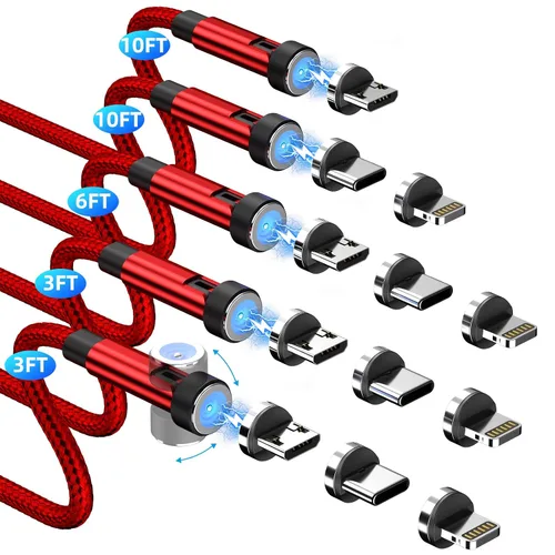 Miniatura 8 de Cable de carga magnético [Paquete de 5, 3/3/6/10/10 pies] 3 en 1 cargador magnético para teléfono con rotación de 360° y 180°, cable de carga USB