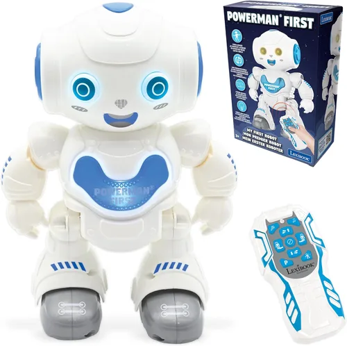 Miniatura 10 de LEXiBOOK Powerman - Robot de juguete con control remoto que camina y habla, baila, canta, lee historias, quiz de matemáticas, dispara discos e imita