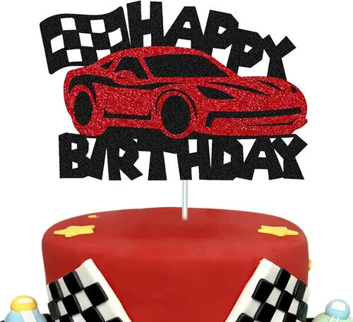 Miniatura 12 de Fast One - Decoración para pastel de primer cumpleaños, decoración de pastel de carreras con purpurina y temática de bandera a cuadros, suministros