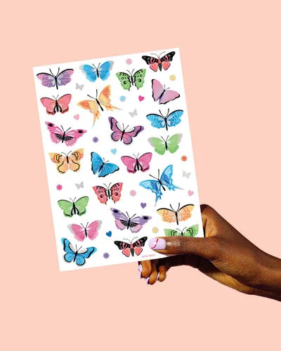 Miniatura 5 de xo, Fetti Tatuajes temporales de mariposa - 46 estilos de purpurina Suministros para fiesta de cumpleaños de hadas arco iris, monarcas, corazones