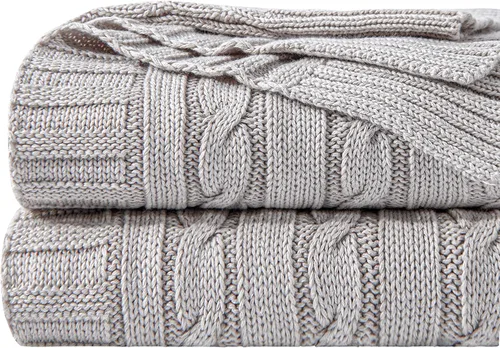 Miniatura 20 de NTBAY Manta de punto de cable de 100 % algodón puro, súper suave y cálida de 51 x 67 pulgadas, manta de punto para sofá, sillón, cama, extra Amarillo