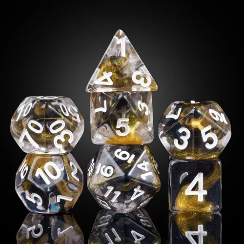 Miniatura 17 de Juego de dados de resina para DND, juego de 7 dados poliédricos negros D&D rellenos con papel de colores brillantes para juegos de rol