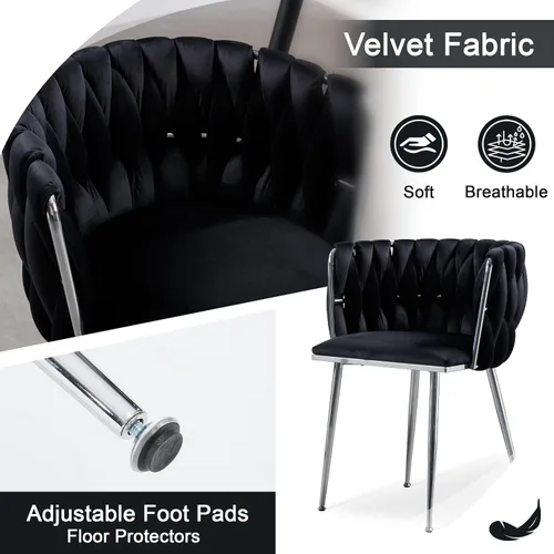 Miniatura 6 de Juego de 2 sillas de comedor de terciopelo, sillas laterales tapizadas tejidas con patas de metal negro, sillas decorativas modernas, sillas