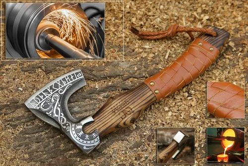 Miniatura 8 de Hacha Vikinga de 13 Pulgadas - Hachetas y Hachas con Mango de Madera de Fresno y Envoltura de Cuero, Hacha para Partir Leña, Hacha de Campamento