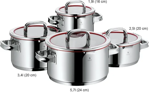 Miniatura 4 de WMF Juego de 4 cacerolas de inducción con tapa de vidrio de acero inoxidable pulido Cromargan con 4 funciones de vertido, ollas de inducción, escala