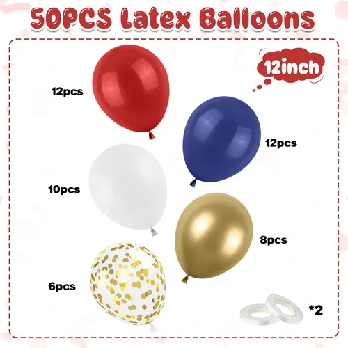 Miniatura 2 de Globo Rojo Blanco Azul, 50 unidades de 12 pulgadas, globos de látex azul marino, rojo rubí oscuro, confeti dorado metálico para baby shower