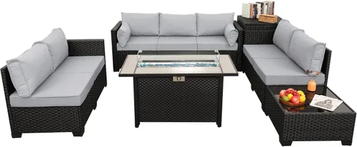 Miniatura 8 de Rattaner Juego de muebles de patio de 6 piezas, mesa de fuego para exteriores, fogata de gas de 45 pulgadas con caja de almacenamiento al aire Gris