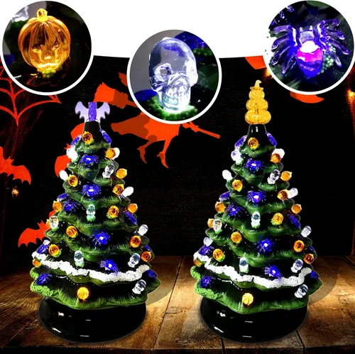 Miniatura 6 de 117 bombillas de repuesto para árboles de cerámica de Halloween, incluyendo cráneo/cabeza de calabaza, araña y 2 tapas temáticas de árbol