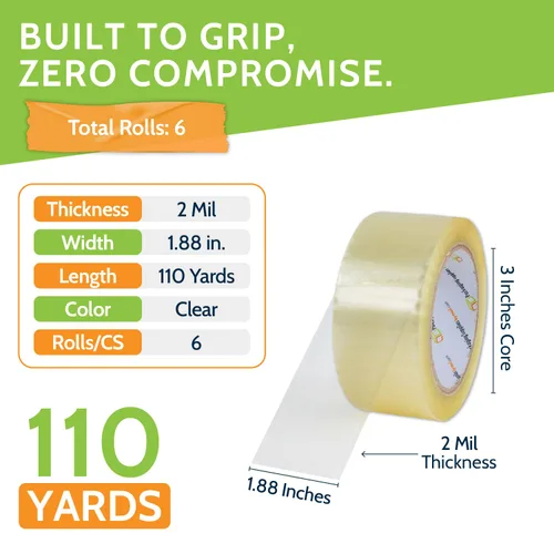 Miniatura 2 de PSBM Cinta de embalaje transparente, 6 rollos, 1.6 mil de grosor, 1.88 pulgadas de ancho, 110 yardas por rollo, total 660 yardas, cinta resistente