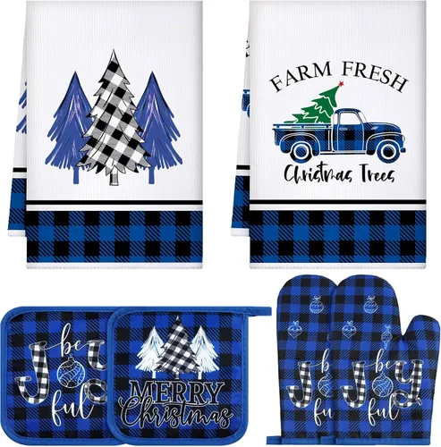 Leinuosen Juego de 6 Piezas de Cocina de Navidad Juego de Toallas de Mano para Platos, Soportes para Ollas y Guantes de Horno Toallas de Té