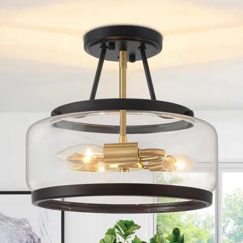 Miniatura 13 de Lámpara de techo semiempotrada dorada de 11.81 pulgadas, moderna lámpara de techo de tambor de cristal, lámpara de techo de 3 luces para pasillo